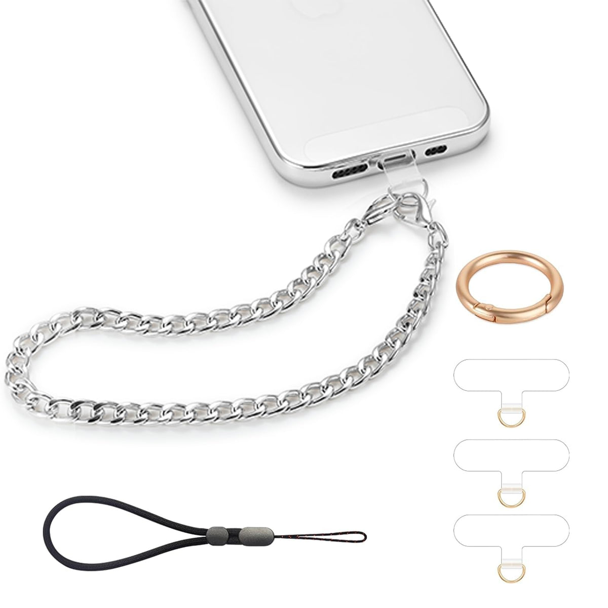 2 pcs Phone Charm with Gold Metal Chain Detachable Phones Lanyard Hand Wrist Strap Wristlet Adjustable Grip Strap with 3 Patches Tether Universal for iPhone 17 16 Pro Max 15 Charms Silver
