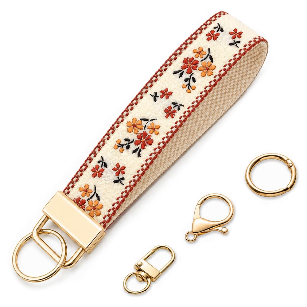 Wristlet Keychain for Women, Floral Embroidered Fabric Key Wristlet with 3 Detachable Metal Accessories