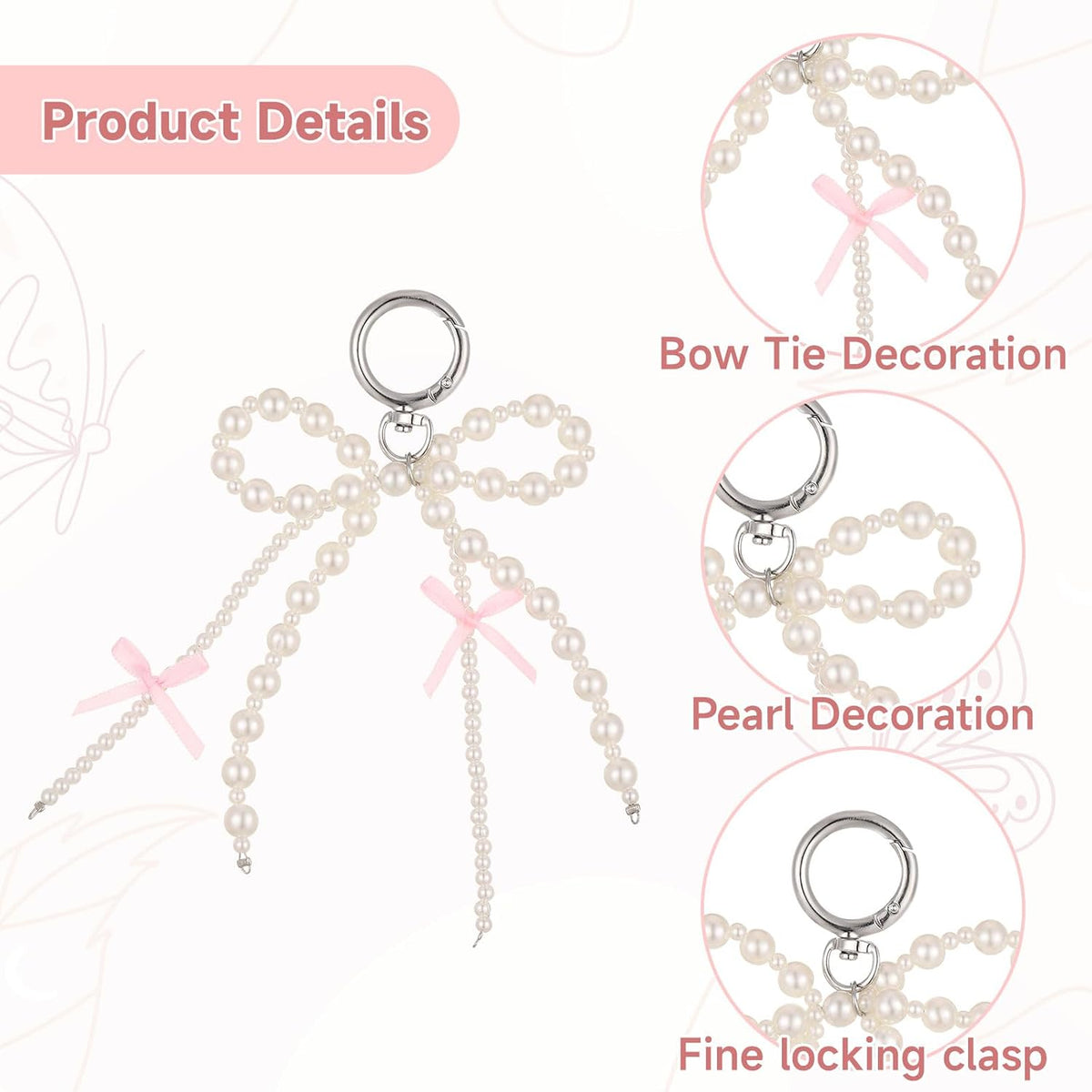 Yuanchu 2Pcs Pearl Bow Keychain, Cute Bowknot Beaded Keyring Charms Aesthetic Pink Bag Charms Purse Car Key Chain for Women