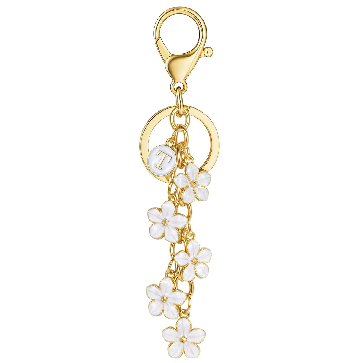 XGALBLA White Pink Black Cute Initial Letter Keychain for Women, Flower Bag Charms Enamel Keyring for Handbag Backpack