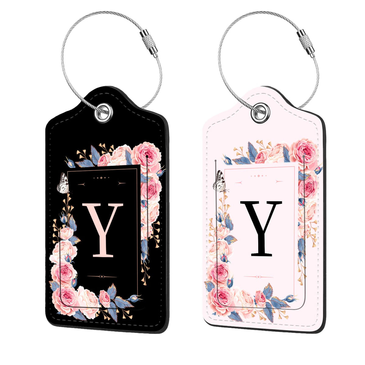 2 Pcs PU Leather Luggage Tag for Suitcases with Privacy Shield and Name ID Tag Address Card Travel Cruise Luggage Tag, Suitable for Men and Women Baggage Handbag Backpack,Flower and Monogram(Letter N