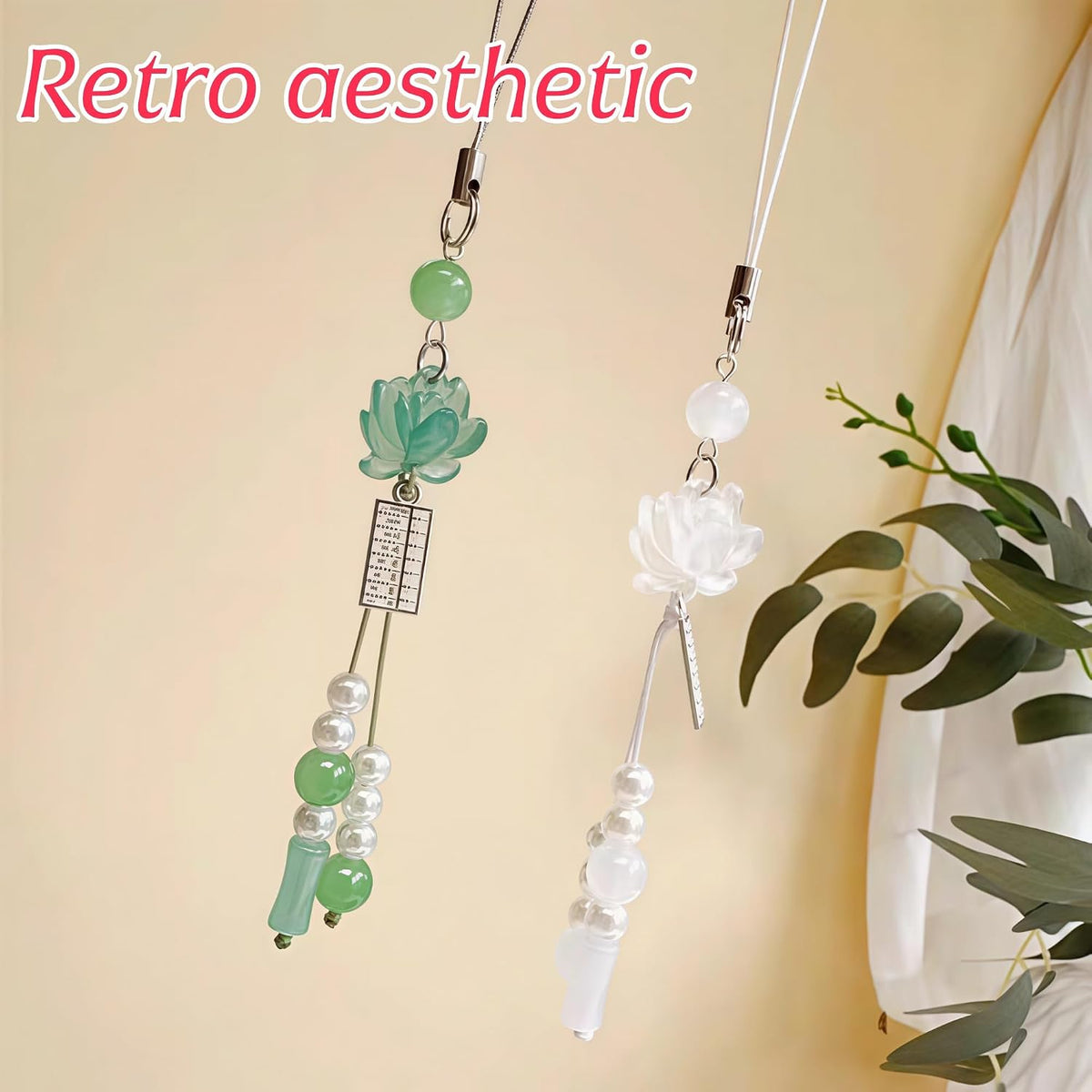 2 Pcs Green White Flower Phone Charms,Cute Beaded Lotus Jade Flower Phone Strap Handmade Decor for Women Y2K Cute Orienta Accessories Keychain Bag Pendant Key Ring