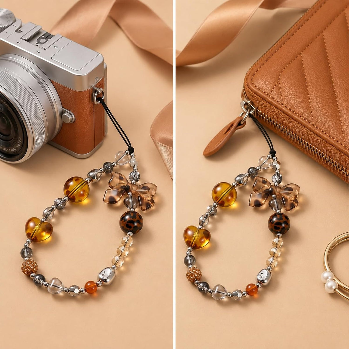 Ymapinc Bow Keychain, Cute Beaded Camera Wrist Strap Charm for Phone Decor