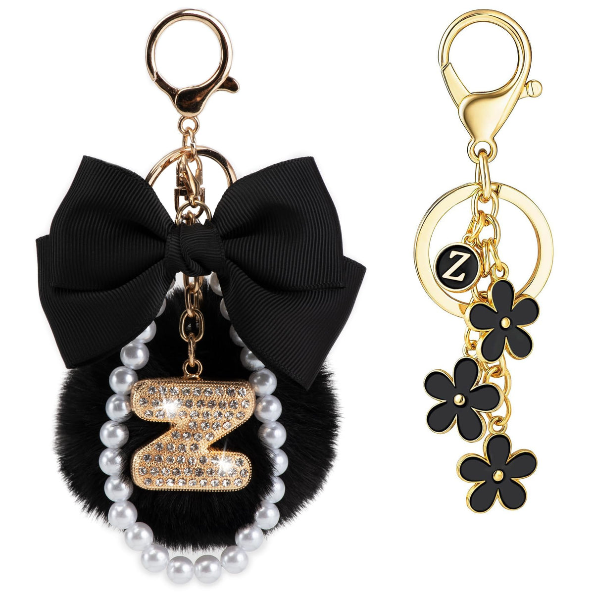 YOU WIZV Initial Letter Keychain for Women Girls Cute Bow Flower Puff Ball Pom Purse Bag Chains for Handbags Backpack