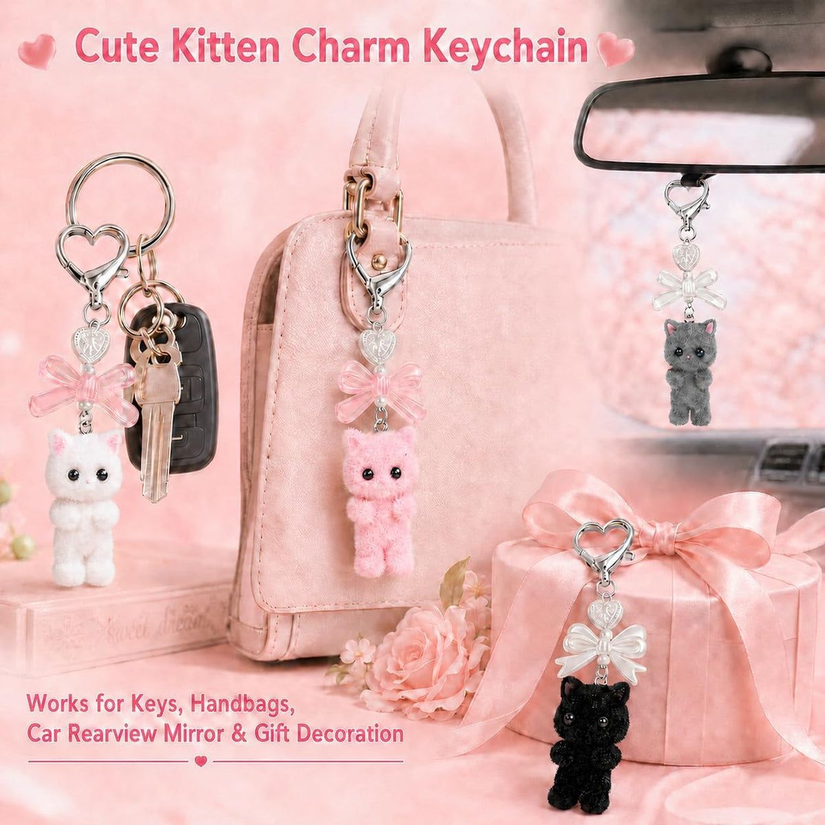 4 PCS Cute Cat Keychain, Fuzzy Cat Keychain, Fuzzy Cat Decor Gifts, Y2K Heart Bow Pendent for Women Girls Gifts Bags Purses, Kawaii Bag Charm