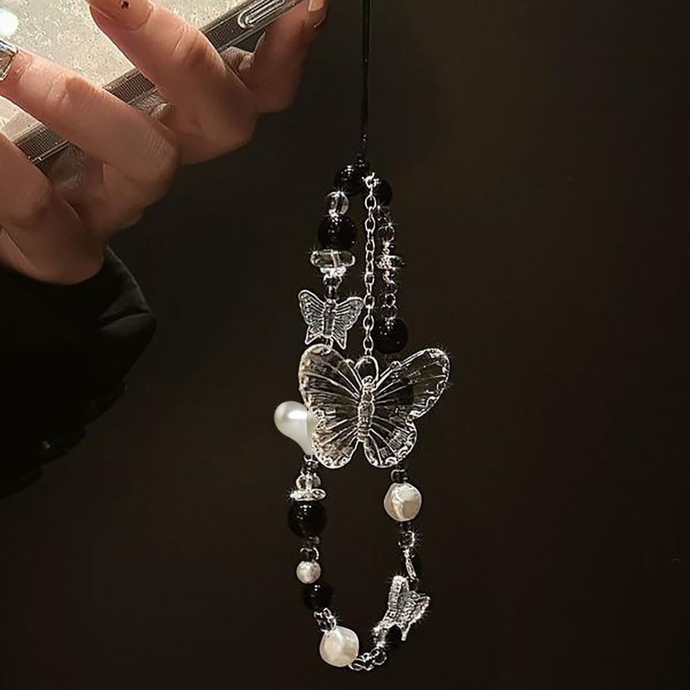 Black White Beaded Phone Charm Cryatal Butterfly Keychain Charm Bag Charm Love Heart Phone Chain Clear Beads Key Chains Cute Keychain Lanyard Pendant Phone Wrist Strap for Backpack Earphone Case Decor