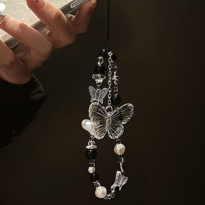 Black White Beaded Phone Charm Cryatal Butterfly Keychain Charm Bag Charm Love Heart Phone Chain Clear Beads Key Chains Cute Keychain Lanyard Pendant Phone Wrist Strap for Backpack Earphone Case Decor