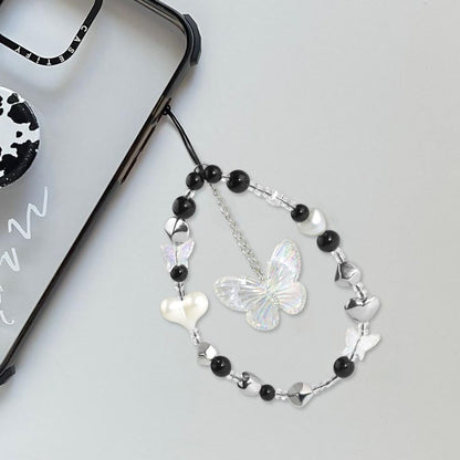 Black White Beaded Phone Charm Cryatal Butterfly Keychain Charm Bag Charm Love Heart Phone Chain Clear Beads Key Chains Cute Keychain Lanyard Pendant Phone Wrist Strap for Backpack Earphone Case Decor