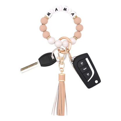 BAOSIWA Silicone Beaded Bracelet Keychain Wristlet Key Ring Bangle Chains for Women with Leather Tassel