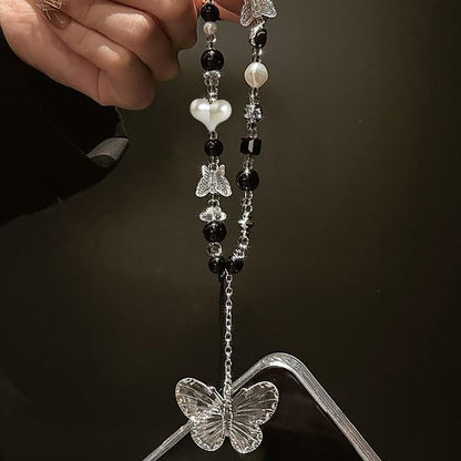 Black White Beaded Phone Charm Cryatal Butterfly Keychain Charm Bag Charm Love Heart Phone Chain Clear Beads Key Chains Cute Keychain Lanyard Pendant Phone Wrist Strap for Backpack Earphone Case Decor