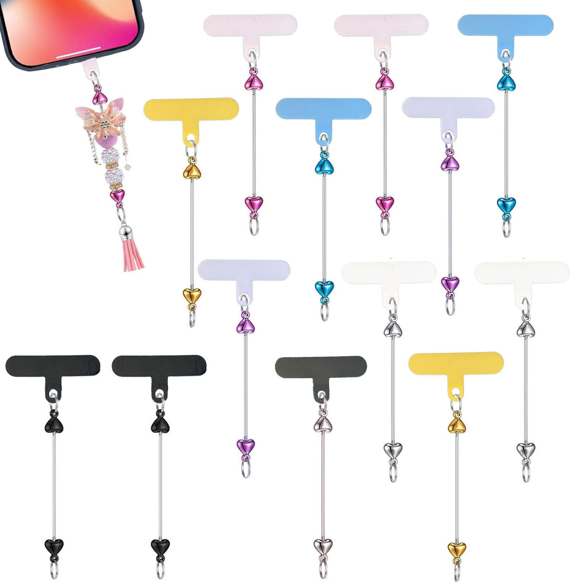15 Pack Beadable Phone Charms with Blank Bar Smartphone Tether Tap Universal Lanyard Patch Accessories for Cell Mobile Phone