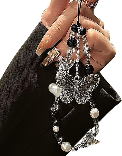 Black White Beaded Phone Charm Cryatal Butterfly Keychain Charm Bag Charm Love Heart Phone Chain Clear Beads Key Chains Cute Keychain Lanyard Pendant Phone Wrist Strap for Backpack Earphone Case Decor