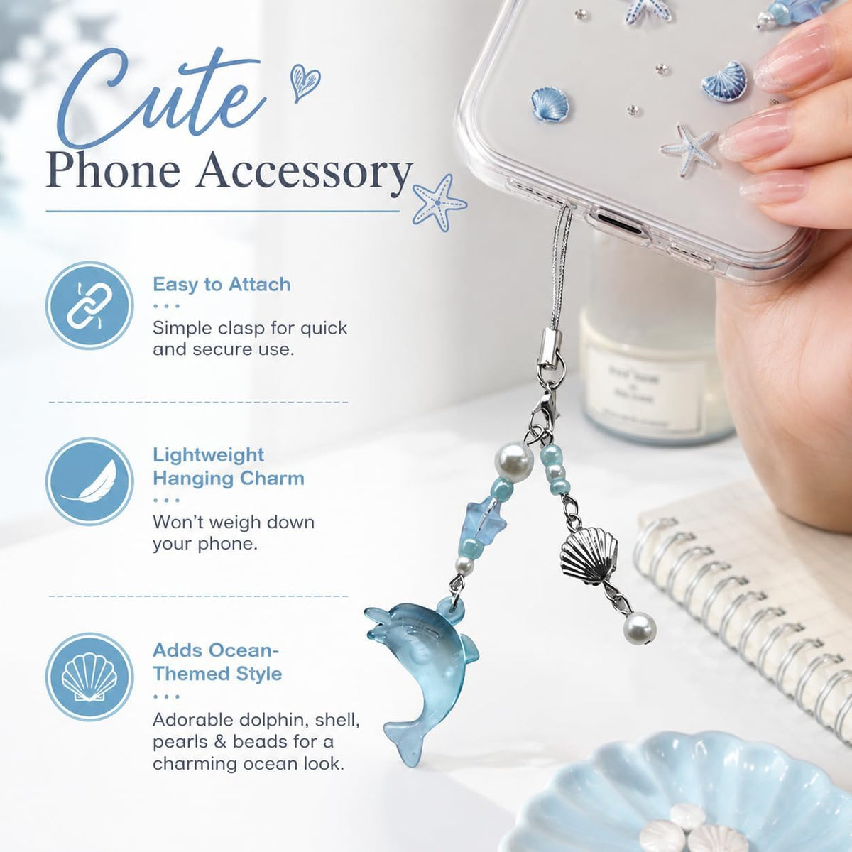 Blue Dolphin Phone Charm Keychain, Aesthetic Y2K Cell Phone Charm Cute, Beaded Pendant Accessory, Phone Decor Accessories, Keychain Accessories for Women