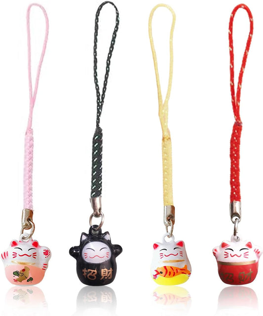 4PCS Lucky Cat Keychain Charm Set Chinese Good Luck Bells Charms Fortune Kitty Phone Keychains Party Favors for Good Health Wealth Feng Shui Decorative Accessories for Luck