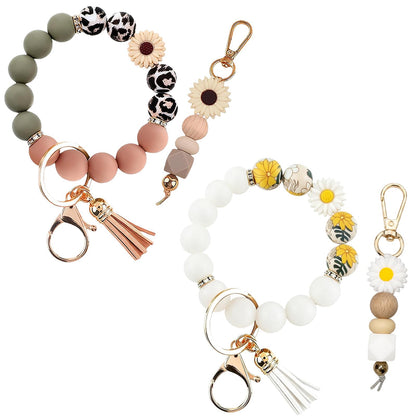 2PCS Bracelet Key Ring Set, Cute Car Key chain Wristlet, Silicone Beaded Bangle keyChains for Women Girls