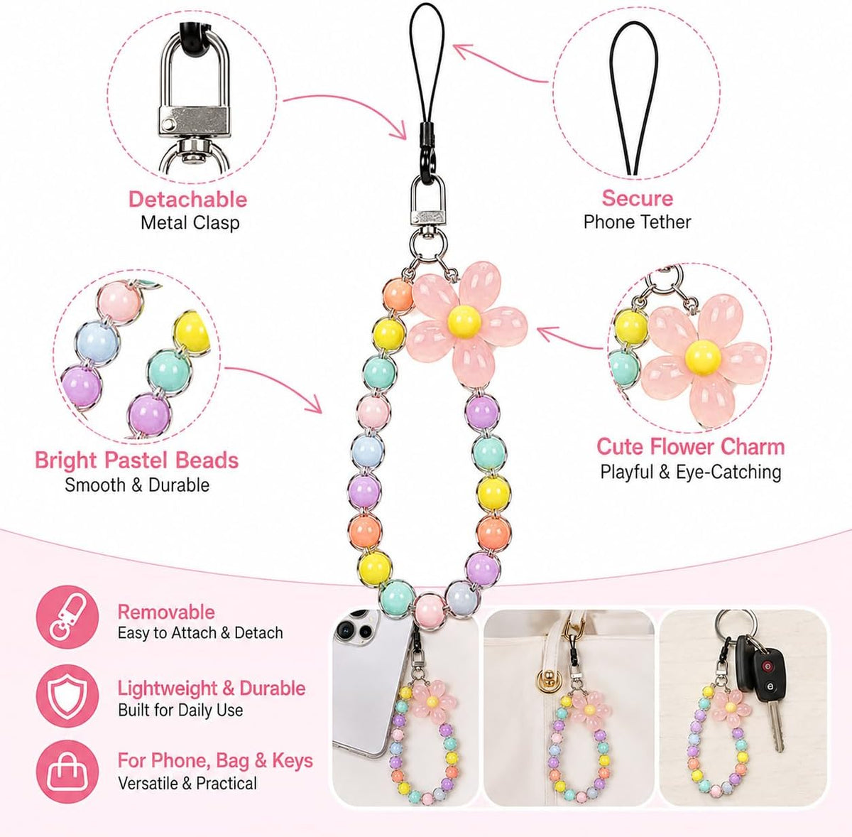 4PCS Flower Keychain, Cute Beaded Phone Strap & Phone Chain for Case