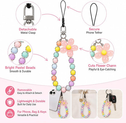 4PCS Flower Keychain, Cute Beaded Phone Strap & Phone Chain for Case