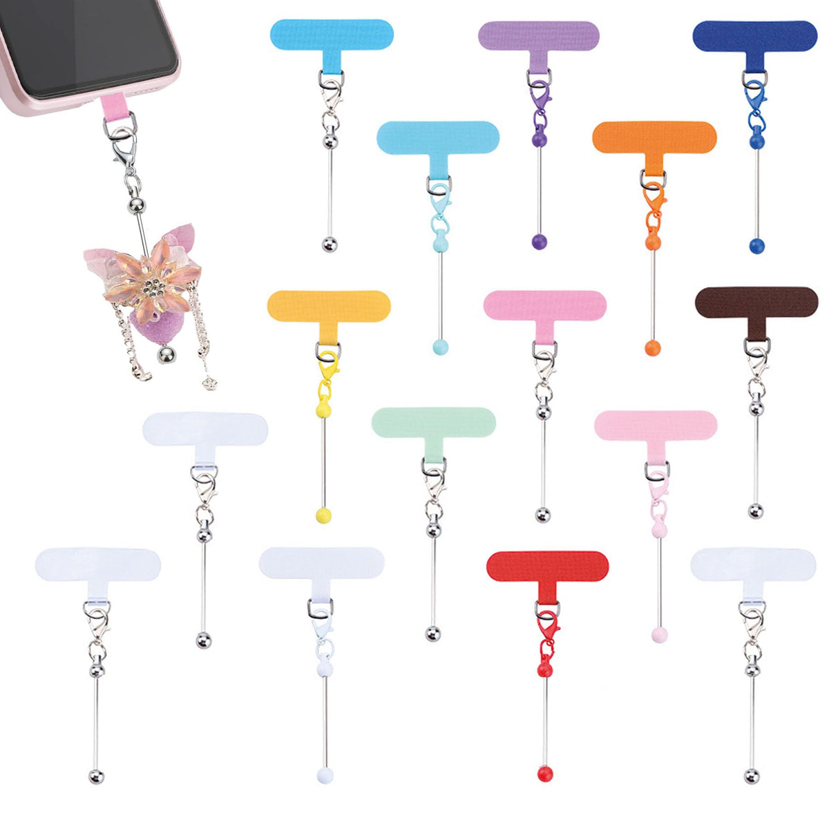 15 Pack Beadable Phone Charms with Blank Bar Smartphone Tether Tap Universal Lanyard Patch Accessories for Cell Mobile Phone