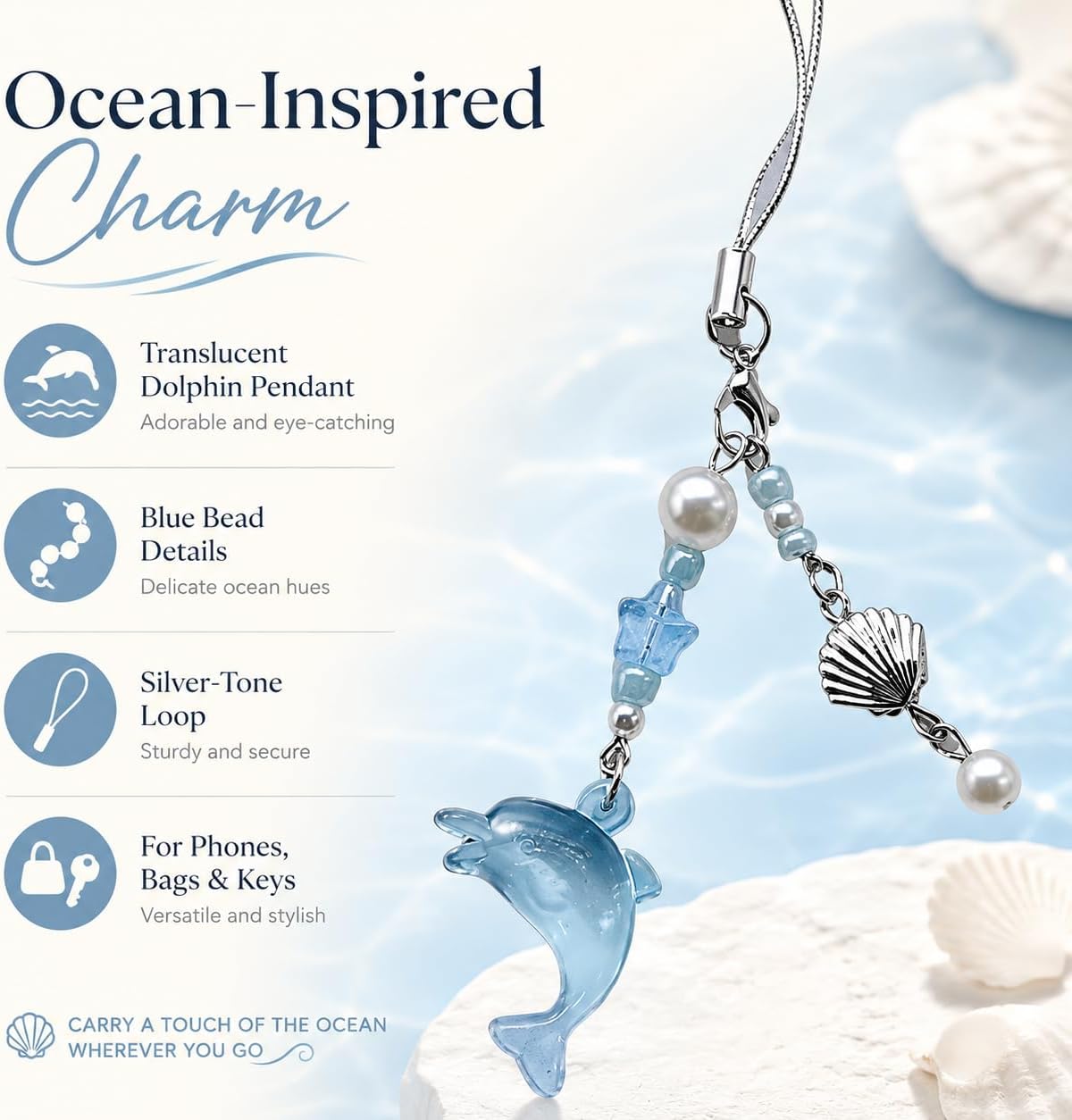 Blue Dolphin Phone Charm Keychain, Aesthetic Y2K Cell Phone Charm Cute, Beaded Pendant Accessory, Phone Decor Accessories, Keychain Accessories for Women