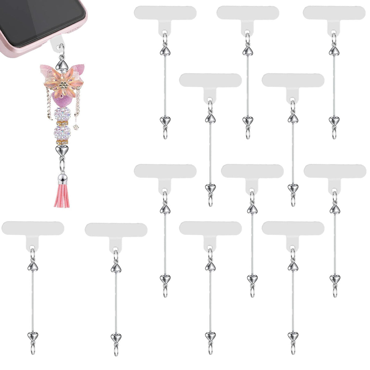 15 Pack Beadable Phone Charms with Blank Bar Smartphone Tether Tap Universal Lanyard Patch Accessories for Cell Mobile Phone