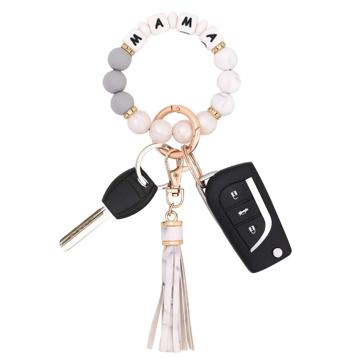BAOSIWA Silicone Beaded Bracelet Keychain Wristlet Key Ring Bangle Chains for Women with Leather Tassel
