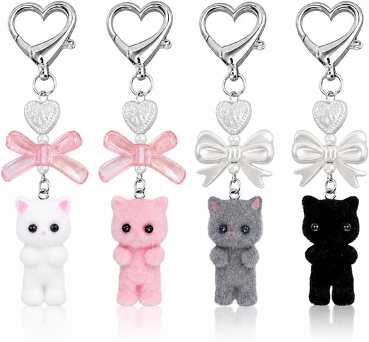 4 PCS Cute Cat Keychain, Fuzzy Cat Keychain, Fuzzy Cat Decor Gifts, Y2K Heart Bow Pendent for Women Girls Gifts Bags Purses, Kawaii Bag Charm