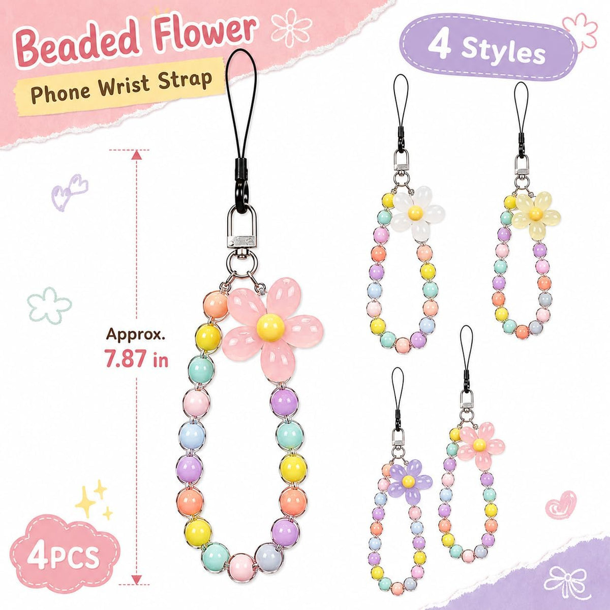 4PCS Flower Keychain, Cute Beaded Phone Strap & Phone Chain for Case