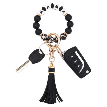 BAOSIWA Silicone Beaded Bracelet Keychain Wristlet Key Ring Bangle Chains for Women with Leather Tassel