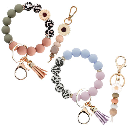 2PCS Bracelet Key Ring Set, Cute Car Key chain Wristlet, Silicone Beaded Bangle keyChains for Women Girls