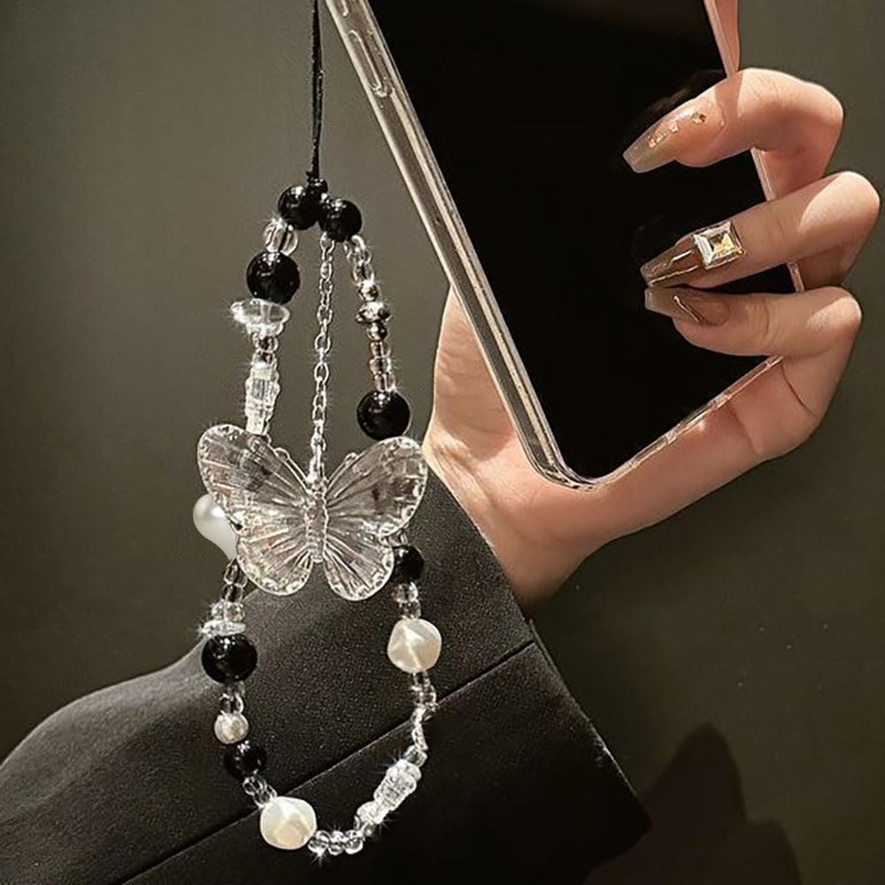 Black White Beaded Phone Charm Cryatal Butterfly Keychain Charm Bag Charm Love Heart Phone Chain Clear Beads Key Chains Cute Keychain Lanyard Pendant Phone Wrist Strap for Backpack Earphone Case Decor