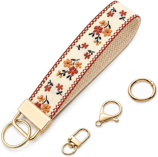 Wristlet Keychain for Women, Floral Embroidered Fabric Key Wristlet with 3 Detachable Metal Accessories