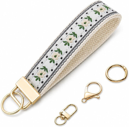 Wristlet Keychain for Women, Floral Embroidered Fabric Key Wristlet with 3 Detachable Metal Accessories