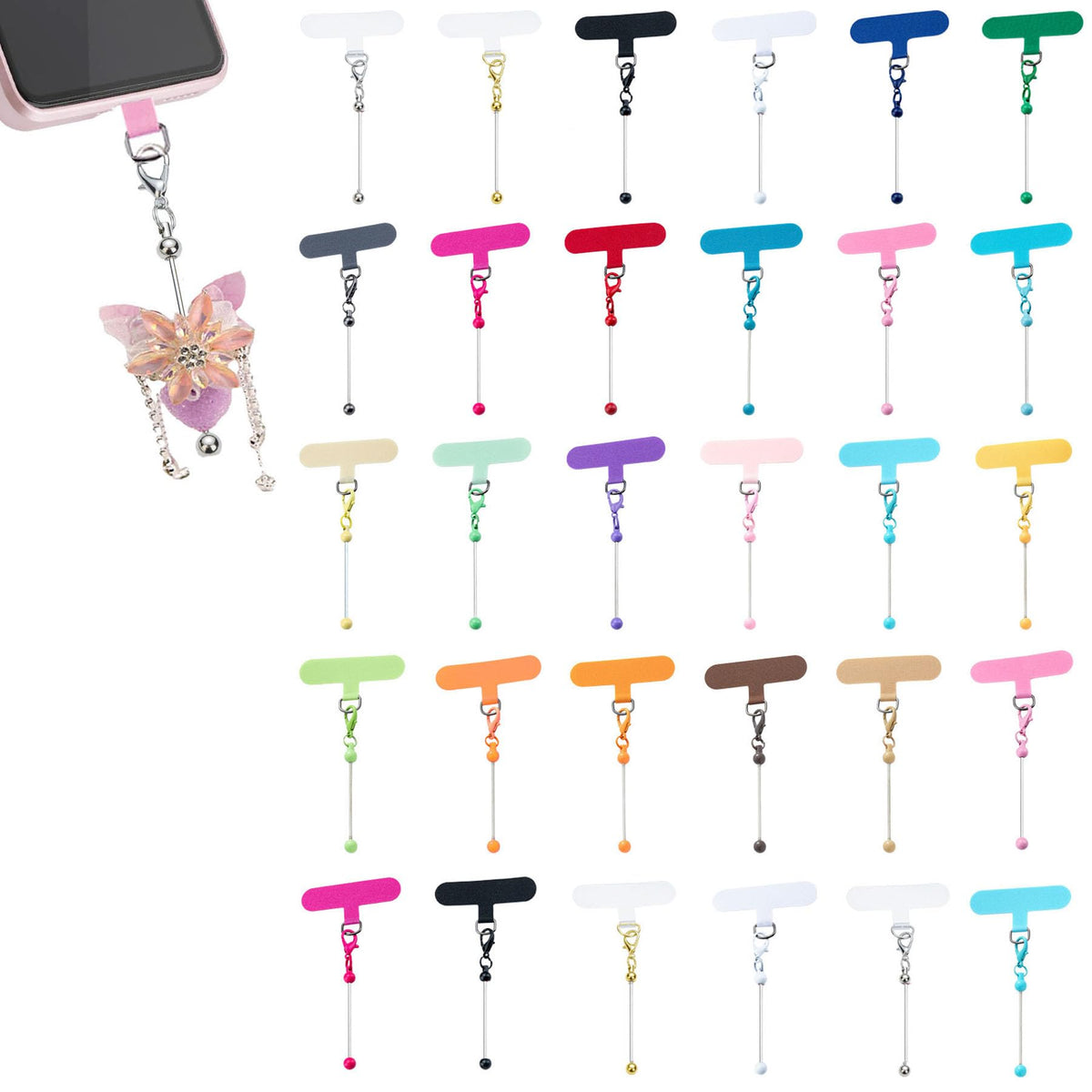 15 Pack Beadable Phone Charms with Blank Bar Smartphone Tether Tap Universal Lanyard Patch Accessories for Cell Mobile Phone