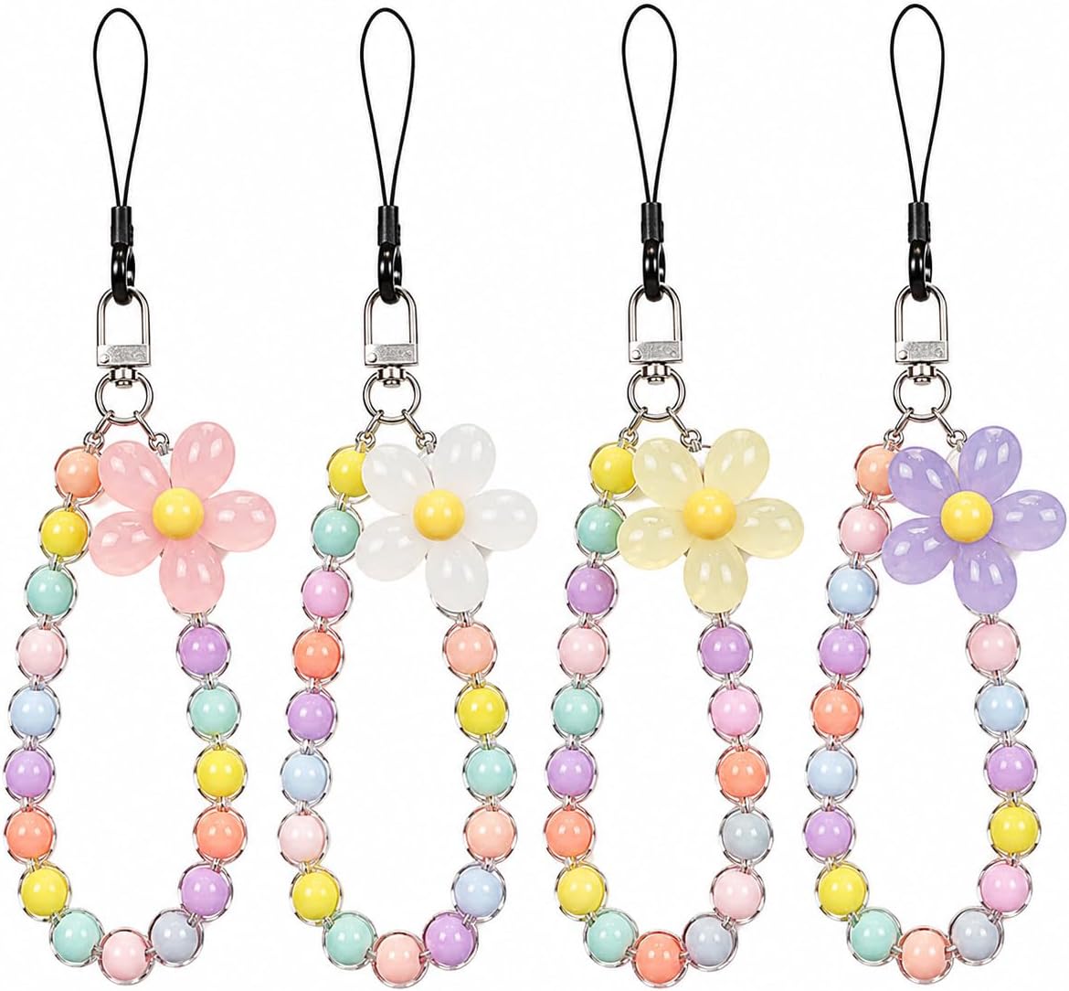 4PCS Flower Keychain, Cute Beaded Phone Strap & Phone Chain for Case