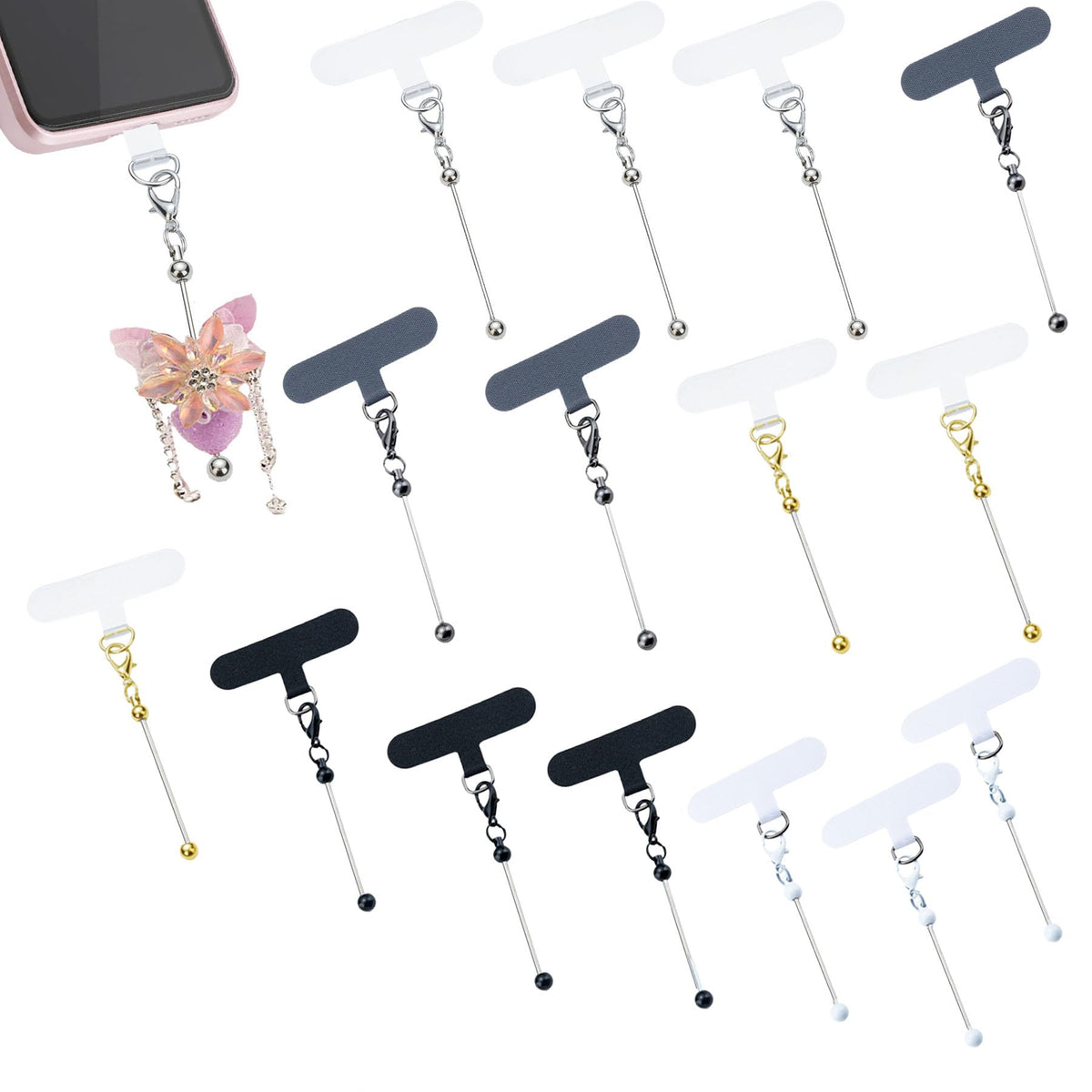 15 Pack Beadable Phone Charms with Blank Bar Smartphone Tether Tap Universal Lanyard Patch Accessories for Cell Mobile Phone