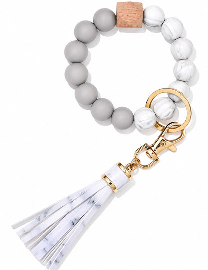 BAOSIWA Silicone Beaded Bracelet Keychain Wristlet Key Ring Bangle Chains for Women with Leather Tassel