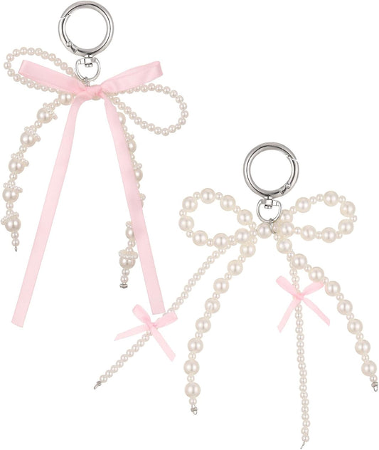 Yuanchu 2Pcs Pearl Bow Keychain, Cute Bowknot Beaded Keyring Charms Aesthetic Pink Bag Charms Purse Car Key Chain for Women