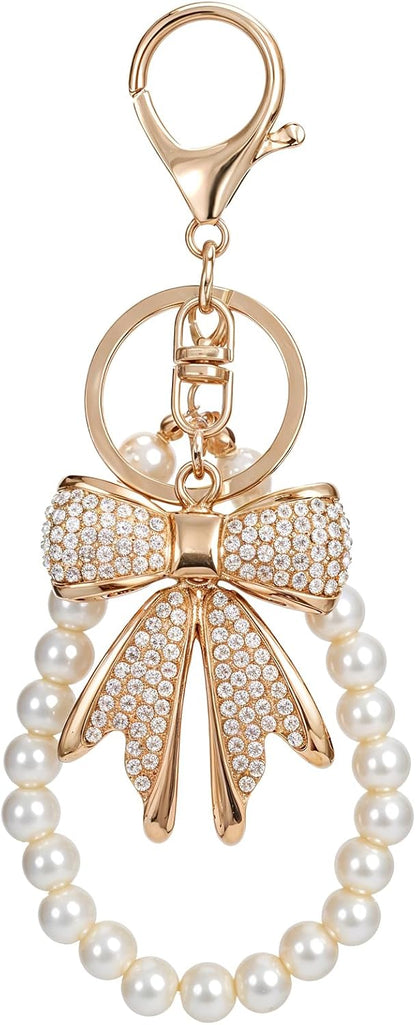 2 Pcs White Rhinestone Bowknot Keychain Imitation Pearl Chains Sparkly Bow Purse Charm Bag Charms for Handbags Purse Backpacks Handbag Charms Keychain Accessories for Women