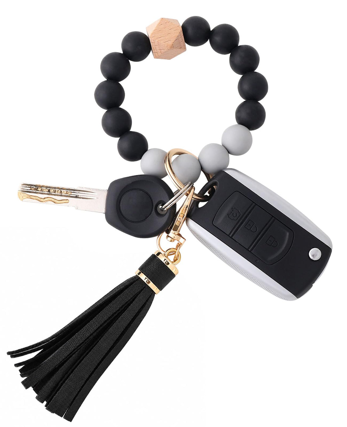 BAOSIWA Silicone Beaded Bracelet Keychain Wristlet Key Ring Bangle Chains for Women with Leather Tassel