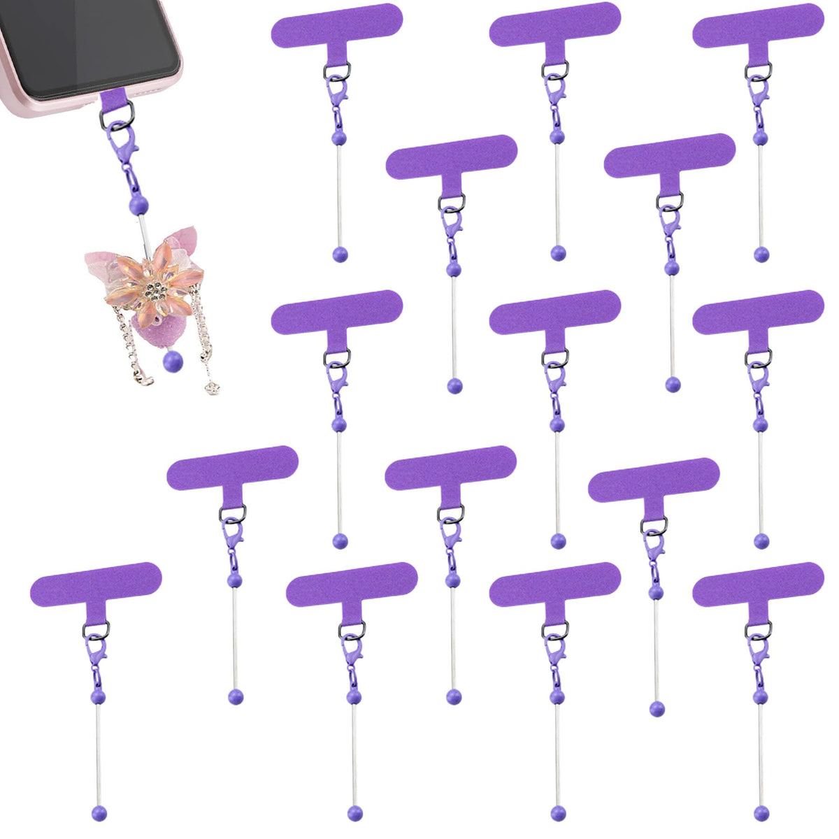 15 Pack Beadable Phone Charms with Blank Bar Smartphone Tether Tap Universal Lanyard Patch Accessories for Cell Mobile Phone