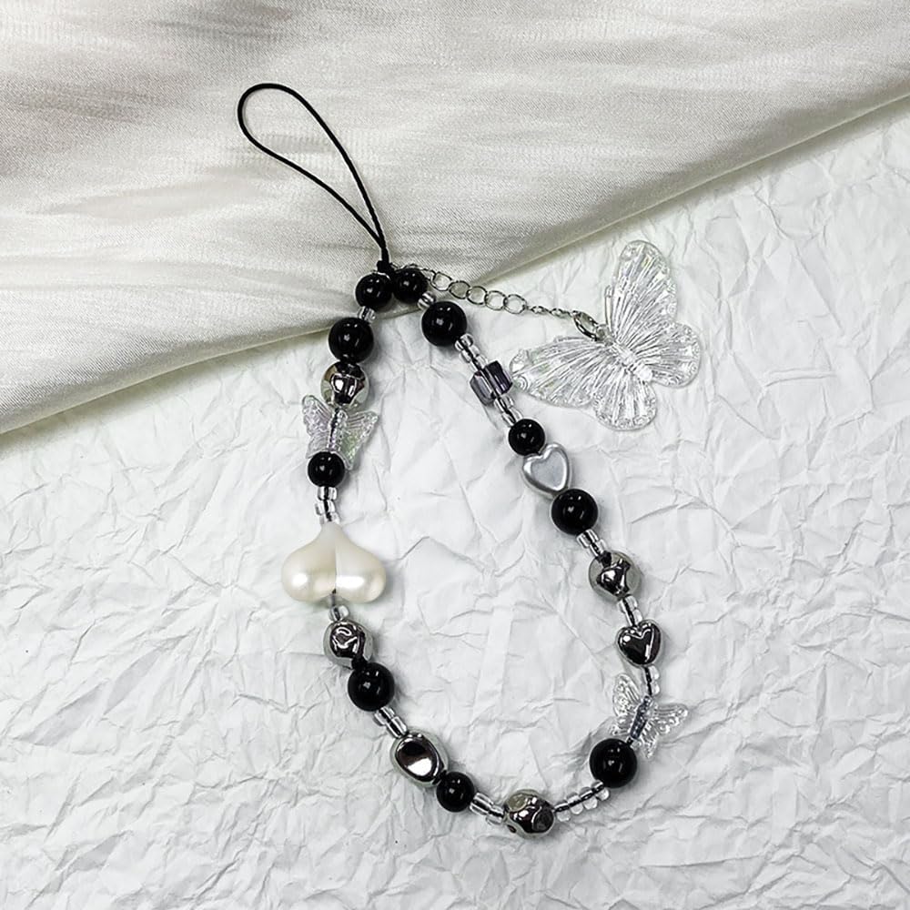 Black White Beaded Phone Charm Cryatal Butterfly Keychain Charm Bag Charm Love Heart Phone Chain Clear Beads Key Chains Cute Keychain Lanyard Pendant Phone Wrist Strap for Backpack Earphone Case Decor