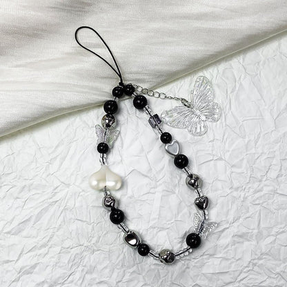 Black White Beaded Phone Charm Cryatal Butterfly Keychain Charm Bag Charm Love Heart Phone Chain Clear Beads Key Chains Cute Keychain Lanyard Pendant Phone Wrist Strap for Backpack Earphone Case Decor