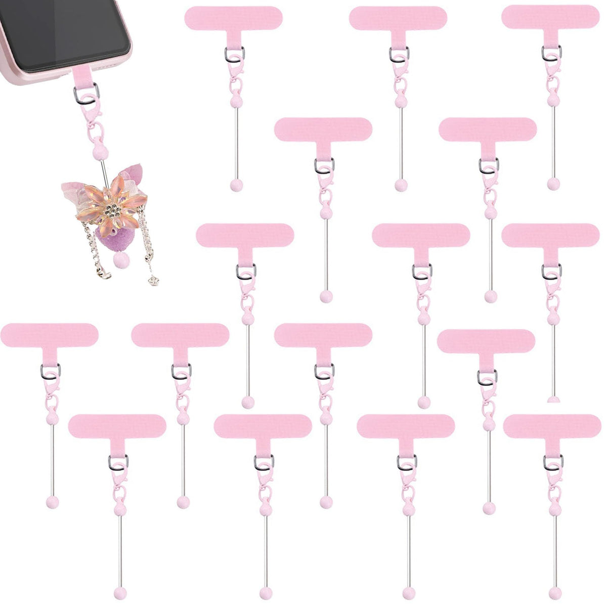 15 Pack Beadable Phone Charms with Blank Bar Smartphone Tether Tap Universal Lanyard Patch Accessories for Cell Mobile Phone