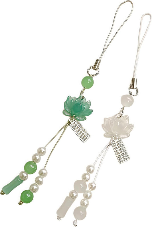 2 Pcs Green White Flower Phone Charms,Cute Beaded Lotus Jade Flower Phone Strap Handmade Decor for Women Y2K Cute Orienta Accessories Keychain Bag Pendant Key Ring
