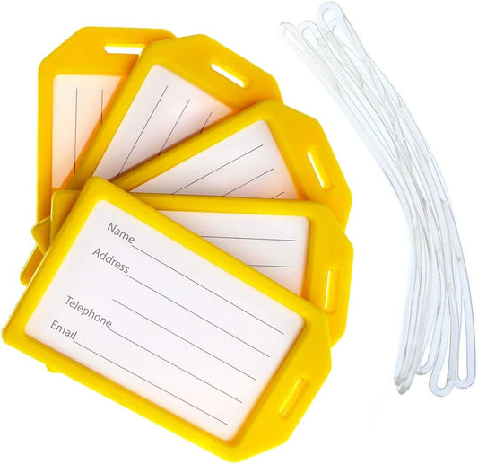 5 Pack - Premium Rigid Airline Luggage Tag Holders with 6" Worm Loops - Heavy Duty Hard Plastic -Suitcase ID Tag Identifiers with Business Card Insert Window by Specialist ID (Yellow)