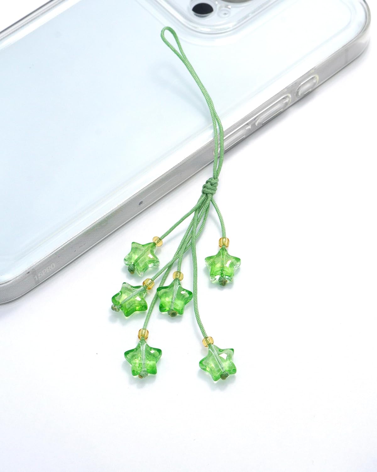 Cute Green Star Phone Charm, Kawaii Braided Mobile Phone Lanyard, Glass Bead Charm, Key Chain, Bag Charm