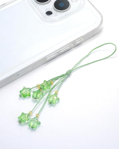 Cute Green Star Phone Charm, Kawaii Braided Mobile Phone Lanyard, Glass Bead Charm, Key Chain, Bag Charm