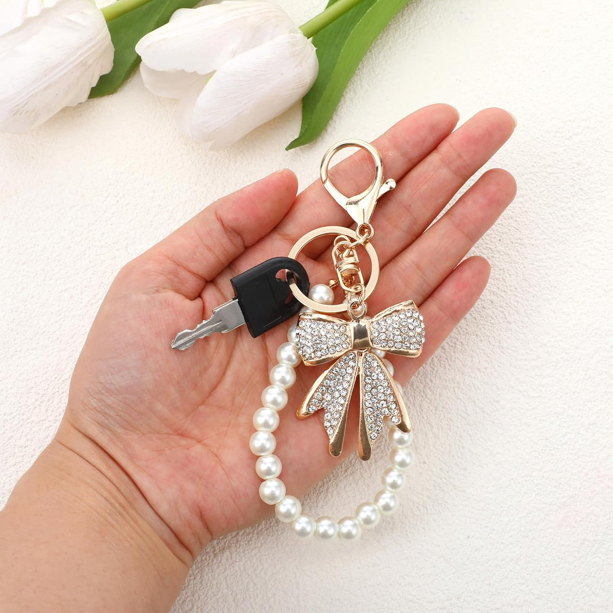 2 Pcs White Rhinestone Bowknot Keychain Imitation Pearl Chains Sparkly Bow Purse Charm Bag Charms for Handbags Purse Backpacks Handbag Charms Keychain Accessories for Women