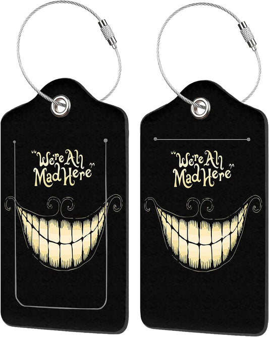 2 Pack Luggage Tag for Suitcase,Black Scary Halloween Smile PU Leather Suitcase Tags Identifiers with Privacy Name Address Labels and Durable Steel Loop for Women Men Travel