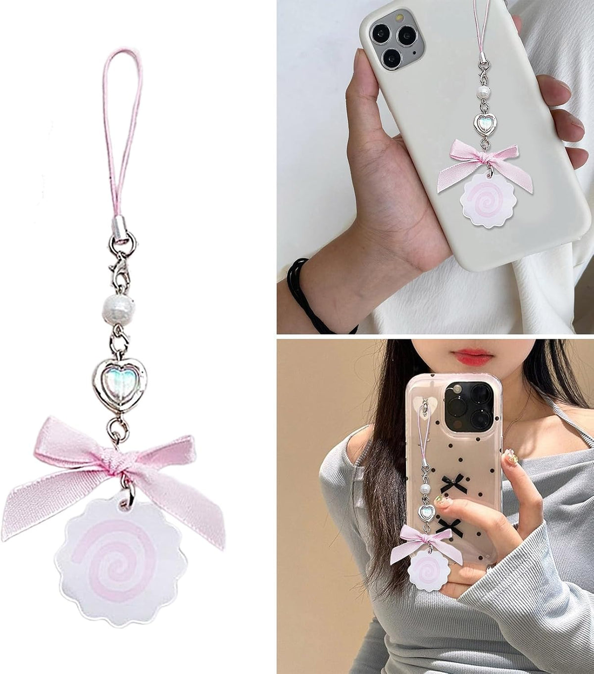 Cute Japanese Style Phone Charm Fish Cake Heart Bead Bag Pendant Keyring Keychain Perfect for Camera Phones and Key
